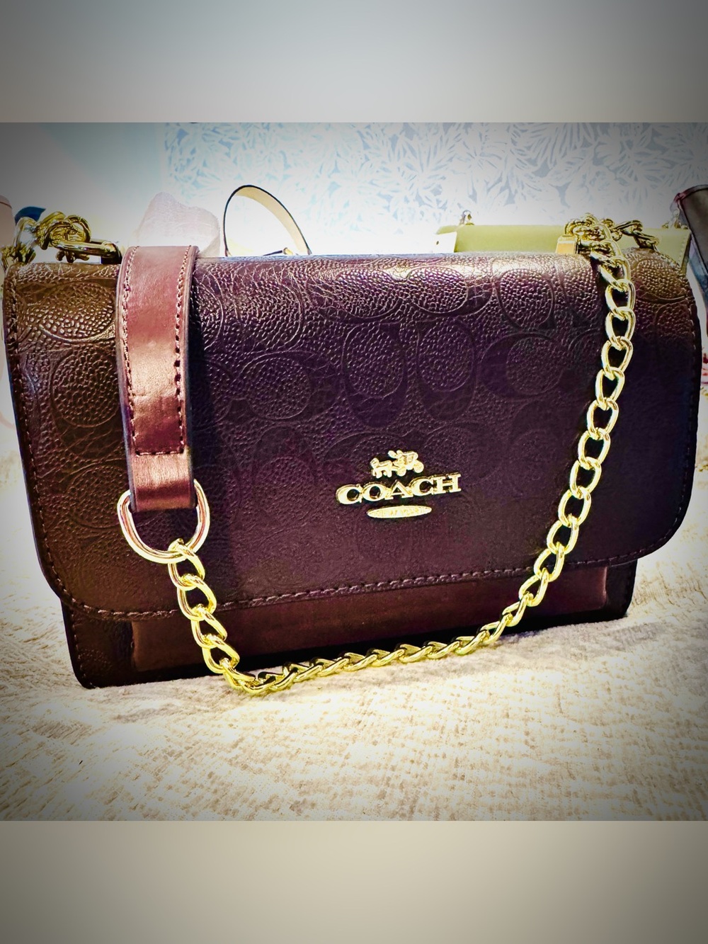 Coach Leather Crossbody Bag - Deep Brown with Gold Chain